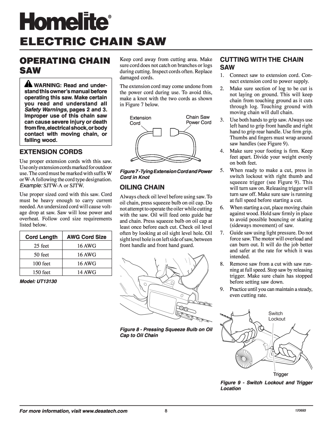 Homelite UT13130 owner manual Operating Chain Saw, Extension Cords, Oiling Chain, Cutting With The Chain Saw, Cord Length 