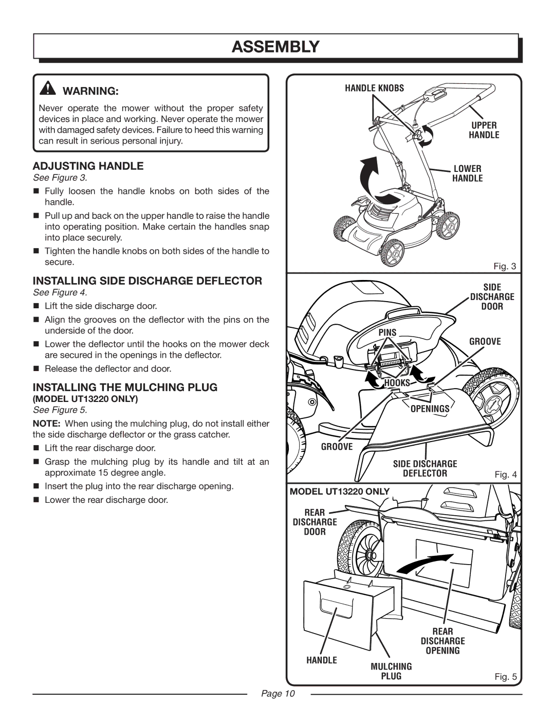 Homelite UT13218, UT13220 Assembly, Adjusting Handle, Installing Side Discharge Deflector, Installing the Mulching Plug 