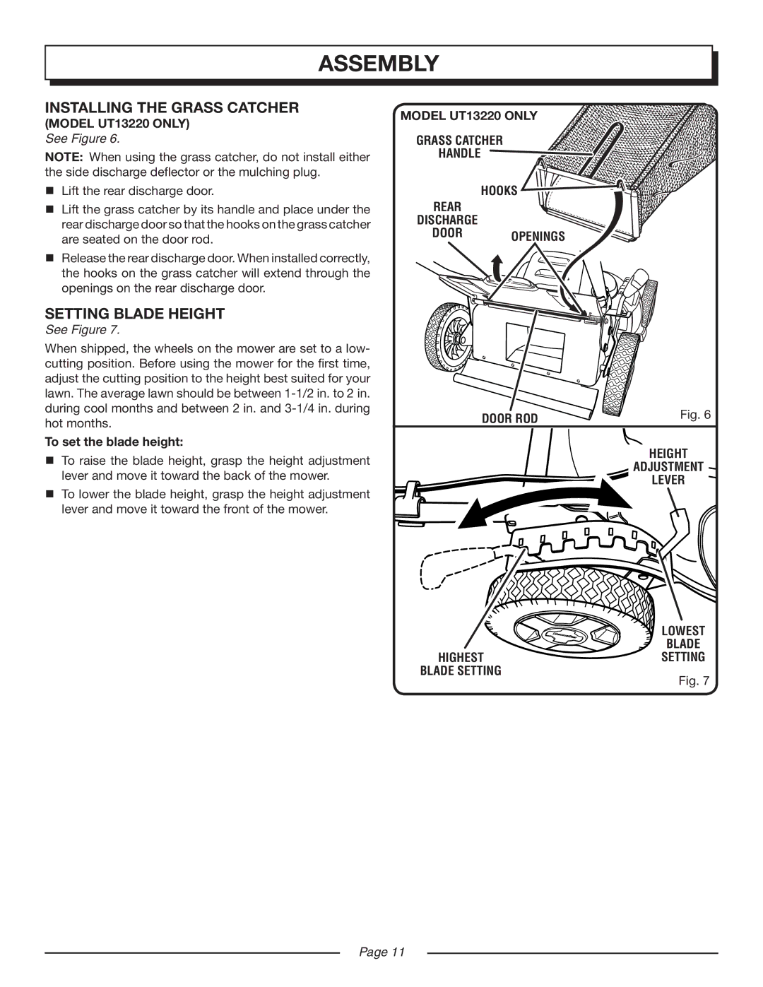 Homelite UT13220, UT13218 manual Installing the Grass Catcher, Setting Blade Height, To set the blade height 