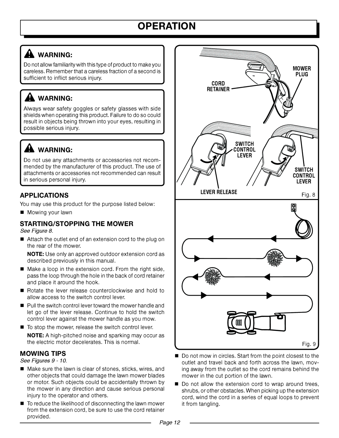 Homelite UT13218, UT13220 manual Operation, Applications, STARTING/STOPPING the Mower, Mowing Tips 