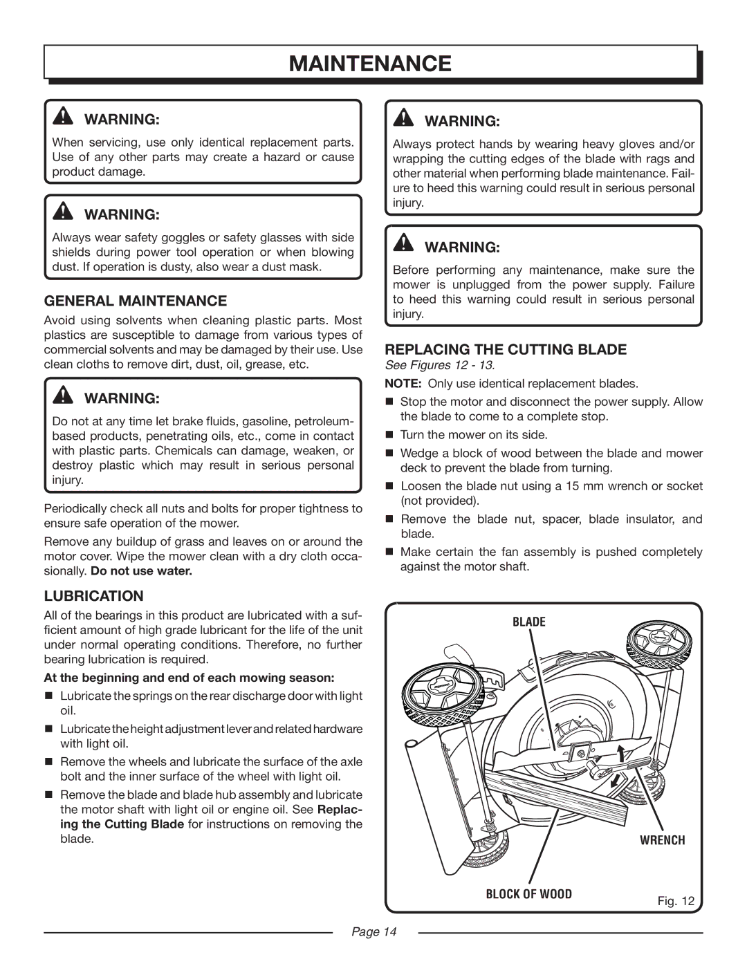 Homelite UT13218, UT13220 manual General Maintenance, Replacing the Cutting Blade, Lubrication 