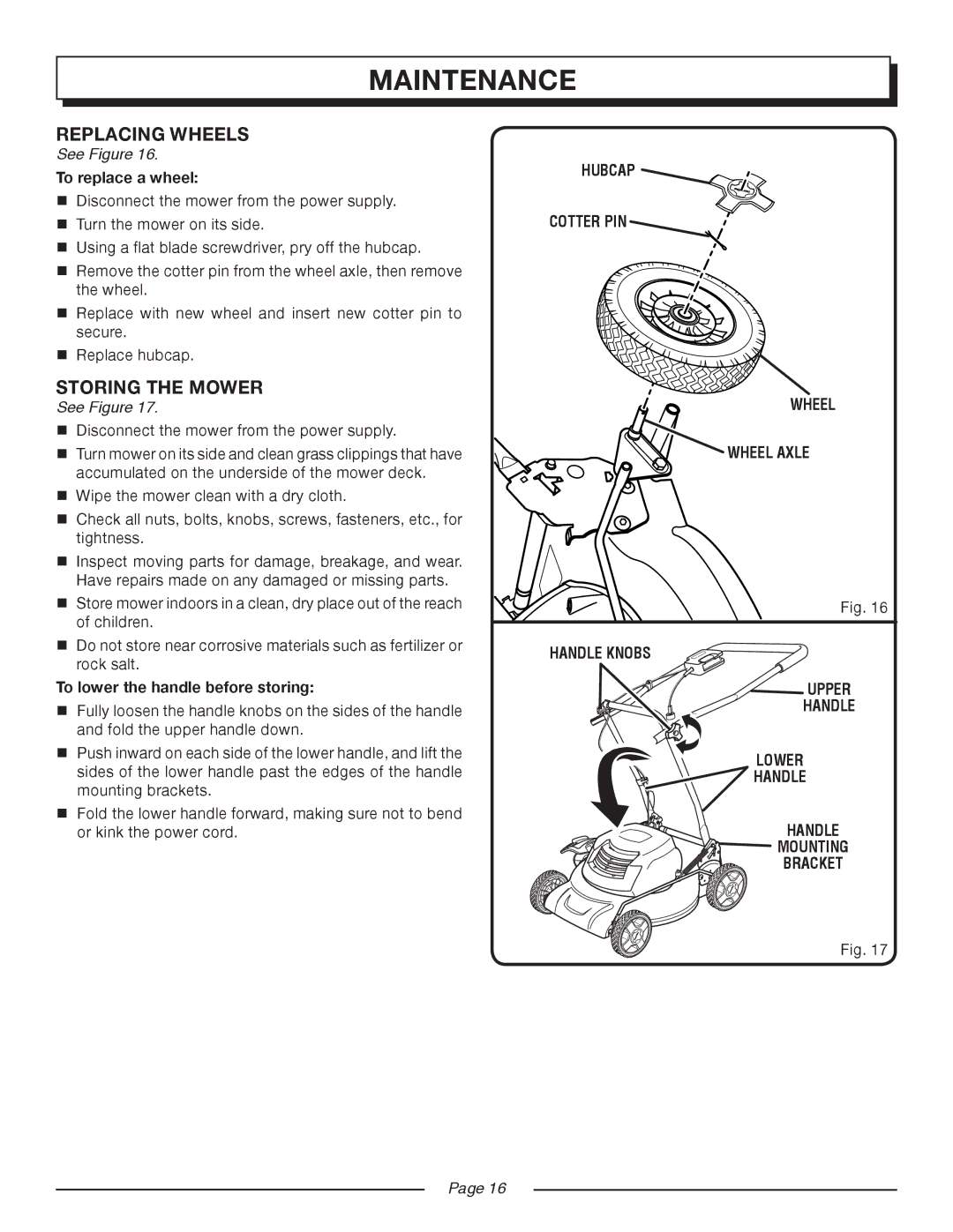 Homelite UT13218, UT13220 manual Replacing Wheels, Storing the Mower, To replace a wheel, To lower the handle before storing 