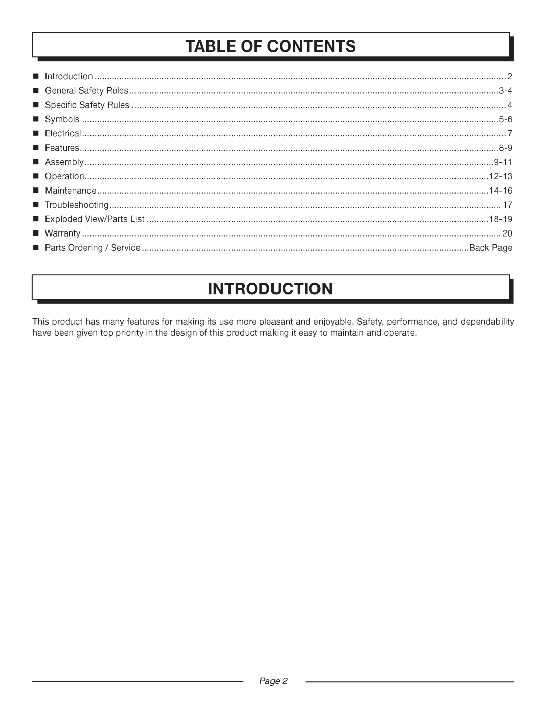 Homelite UT13218, UT13220 manual Introduction, Table of Contents 