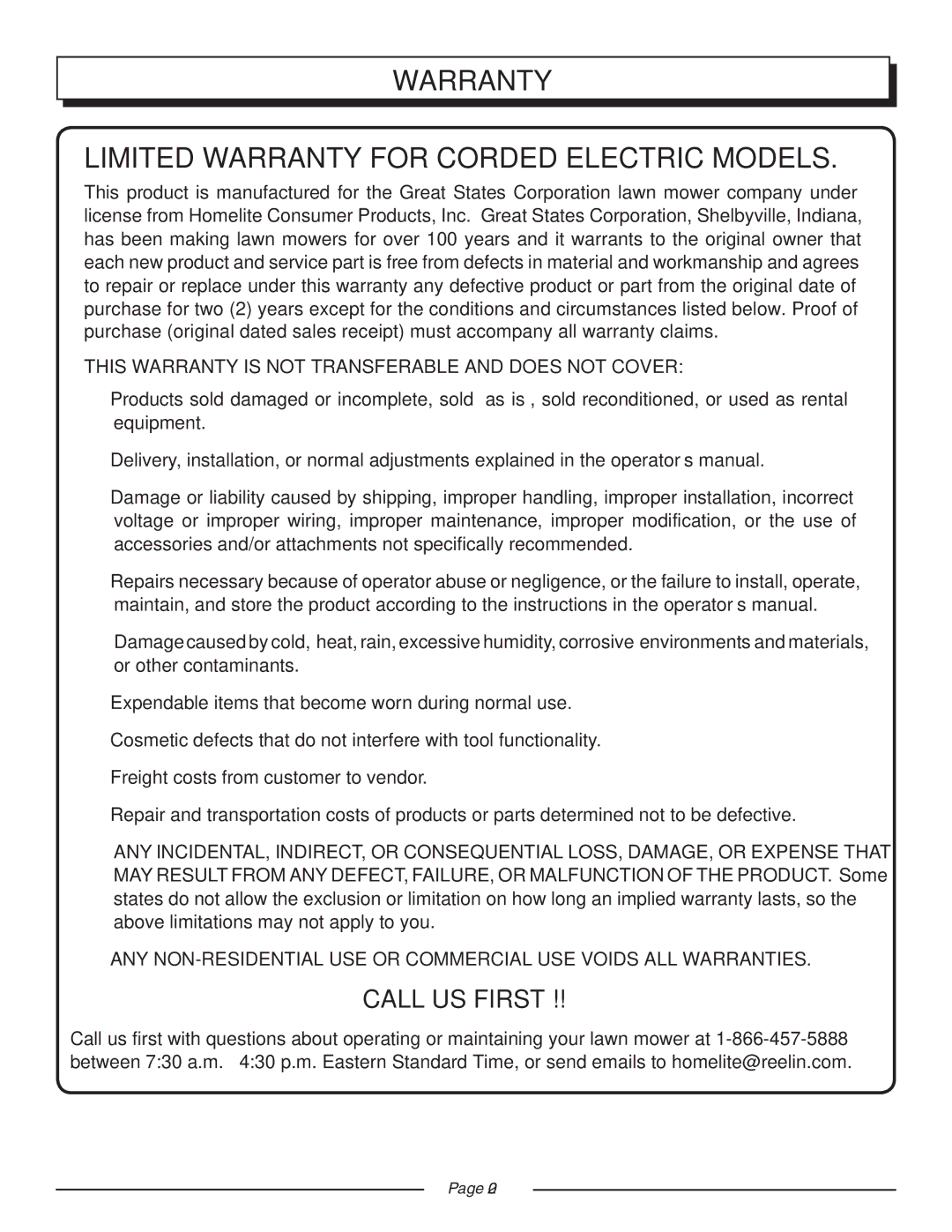 Homelite UT13218, UT13220 manual Warranty Limited Warranty for Corded Electric Models 