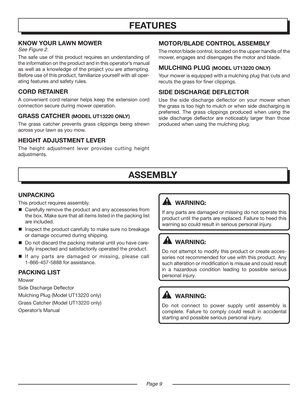 Homelite UT13220 Know Your Lawn Mower, Cord Retainer, MOTOR/BLADE Control Assembly, Side Discharge Deflector, Unpacking 