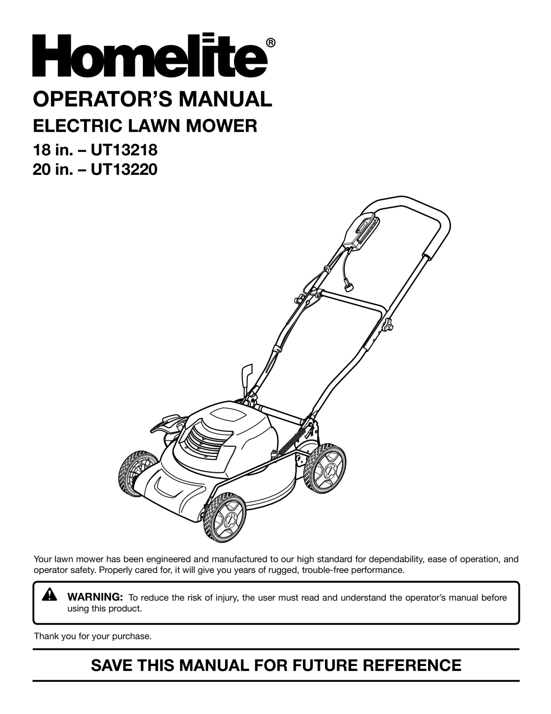 Homelite manual Operator’S Manual, Electric Lawn Mower, 18 in. - UT13218 20 in. - UT13220 
