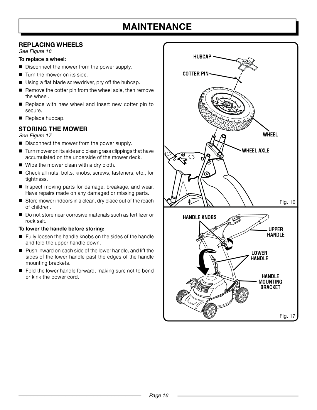 Homelite UT13218 Replacing Wheels, Storing The Mower, Maintenance, See Figure, To replace a wheel, Page, Mounting Bracket 
