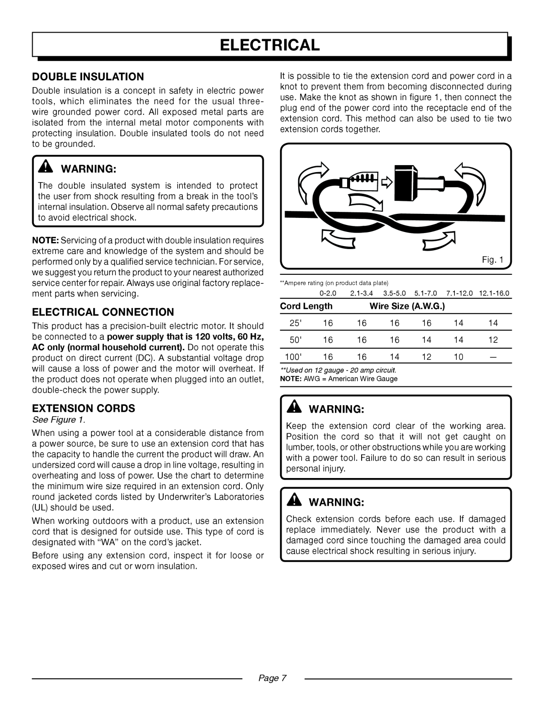 Homelite UT13220 Double Insulation, Electrical Connection, Extension Cords, See Figure, Cord Length, Wire Size A.W.G 