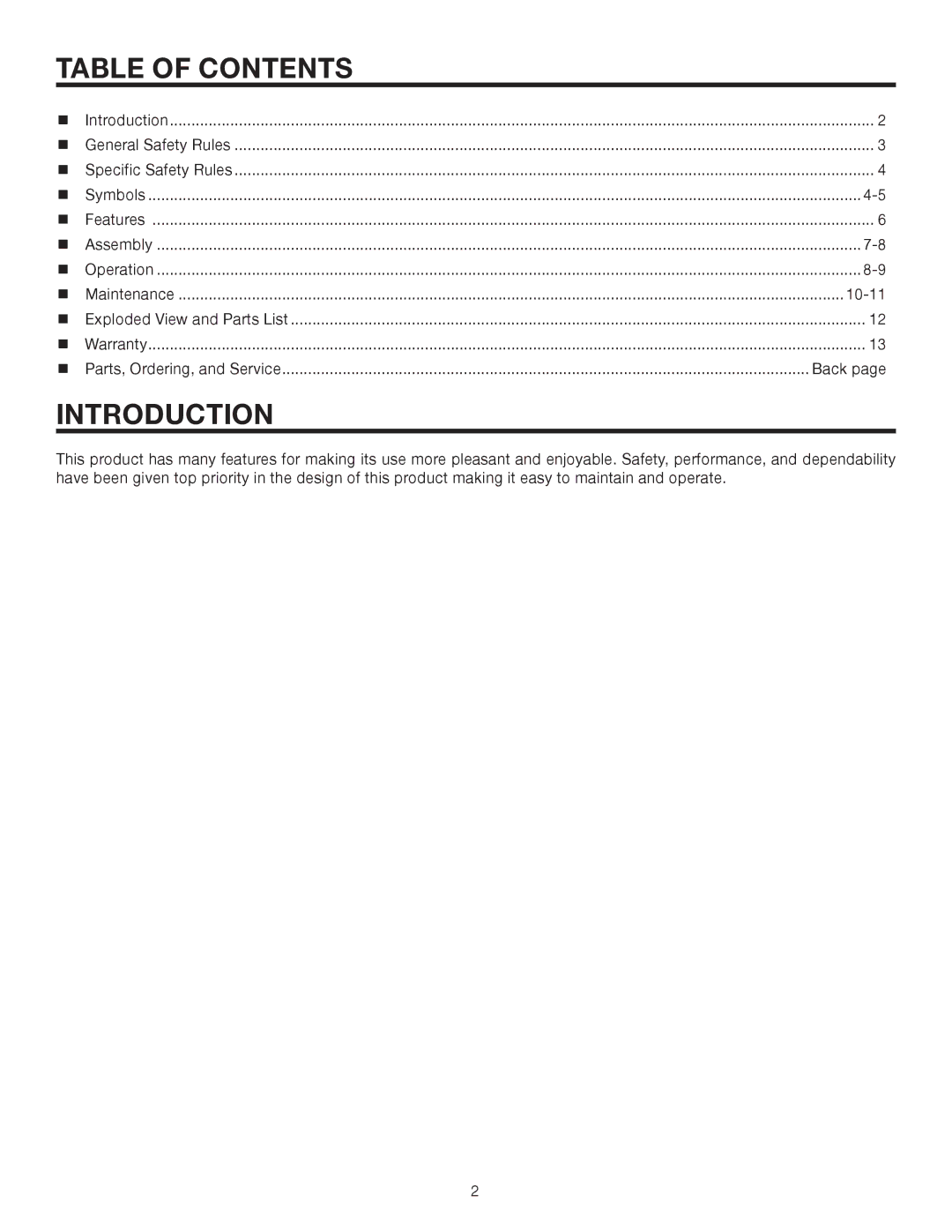 Homelite UT15522F manual Table of Contents, Introduction 