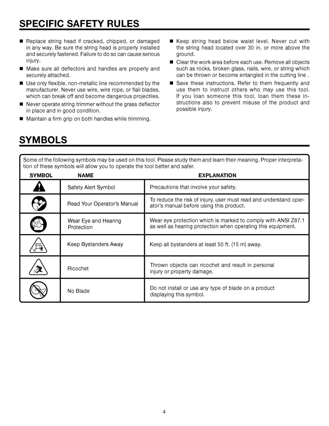 Homelite UT15522F manual Specific Safety Rules, Symbols, Symbol Name Explanation 