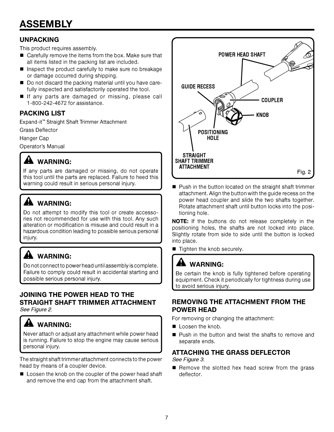 Homelite UT15522F manual Assembly, Unpacking, Packing List, Removing the Attachment from the Power Head 