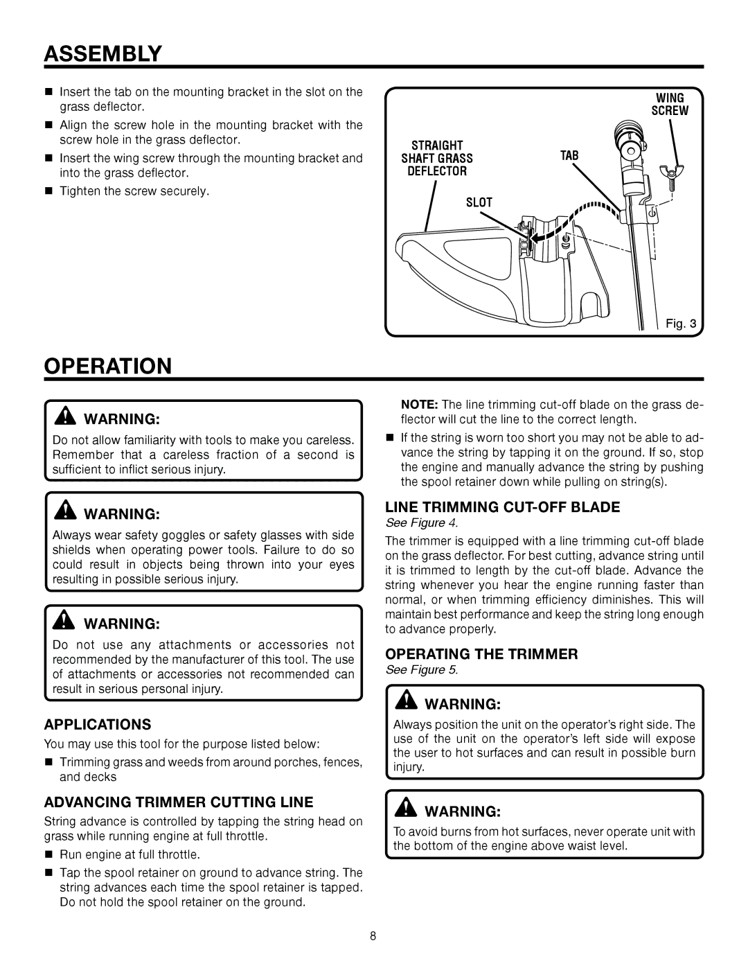 Homelite UT15522F manual Operation, Applications, Advancing Trimmer Cutting Line, Line Trimming CUT-OFF Blade 