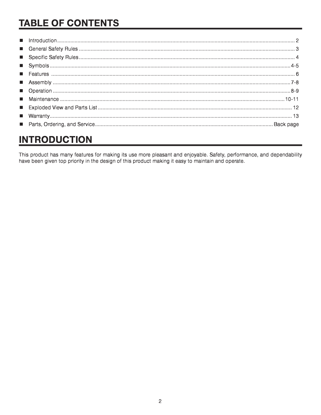 Homelite UT15522F manual Table Of Contents, Introduction 