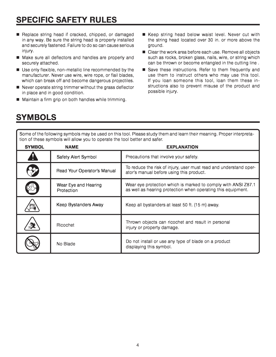 Homelite UT15522F manual Specific Safety Rules, Symbols, Name, Explanation 