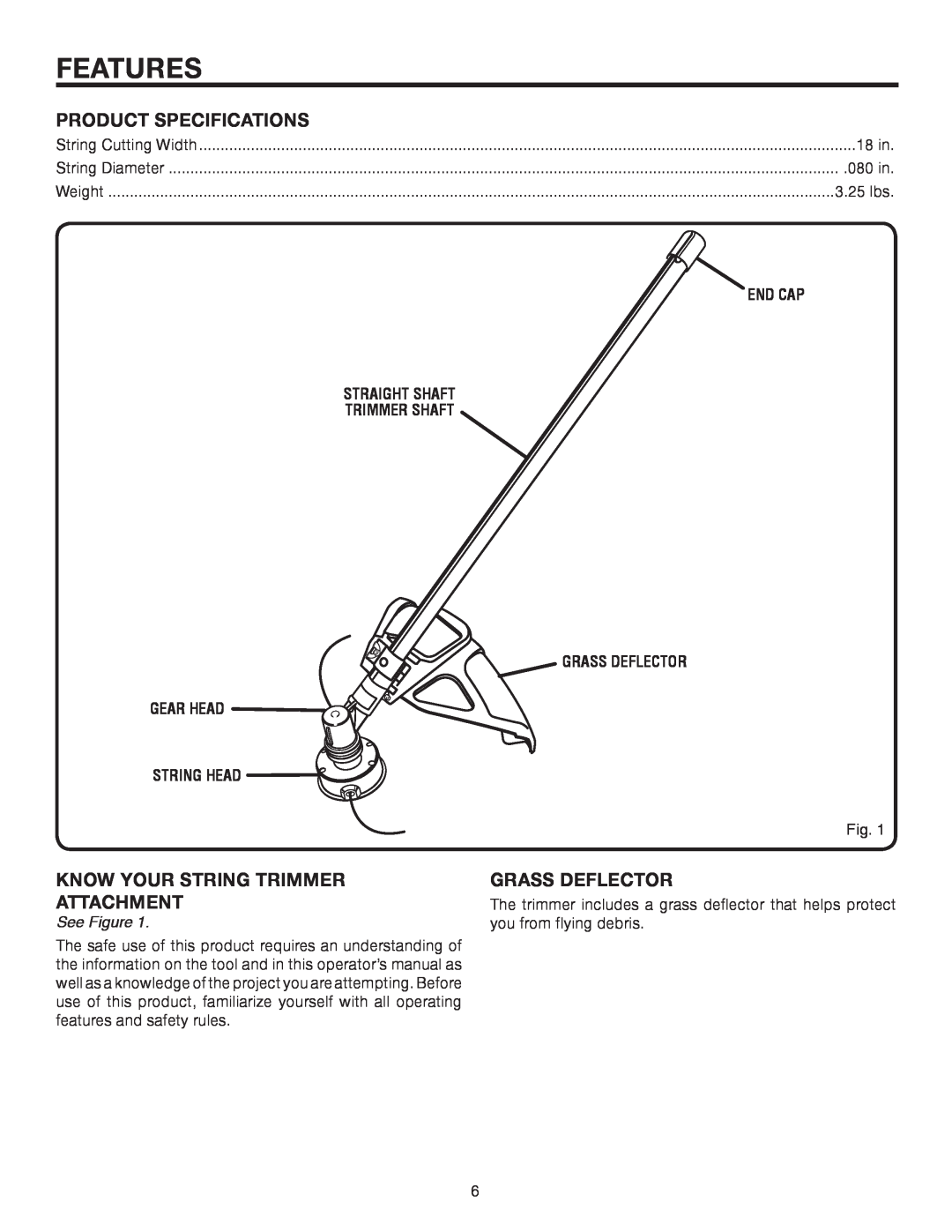 Homelite UT15522F manual Features, Product Specifications, Know Your String Trimmer, Grass Deflector, Attachment, Gear Head 