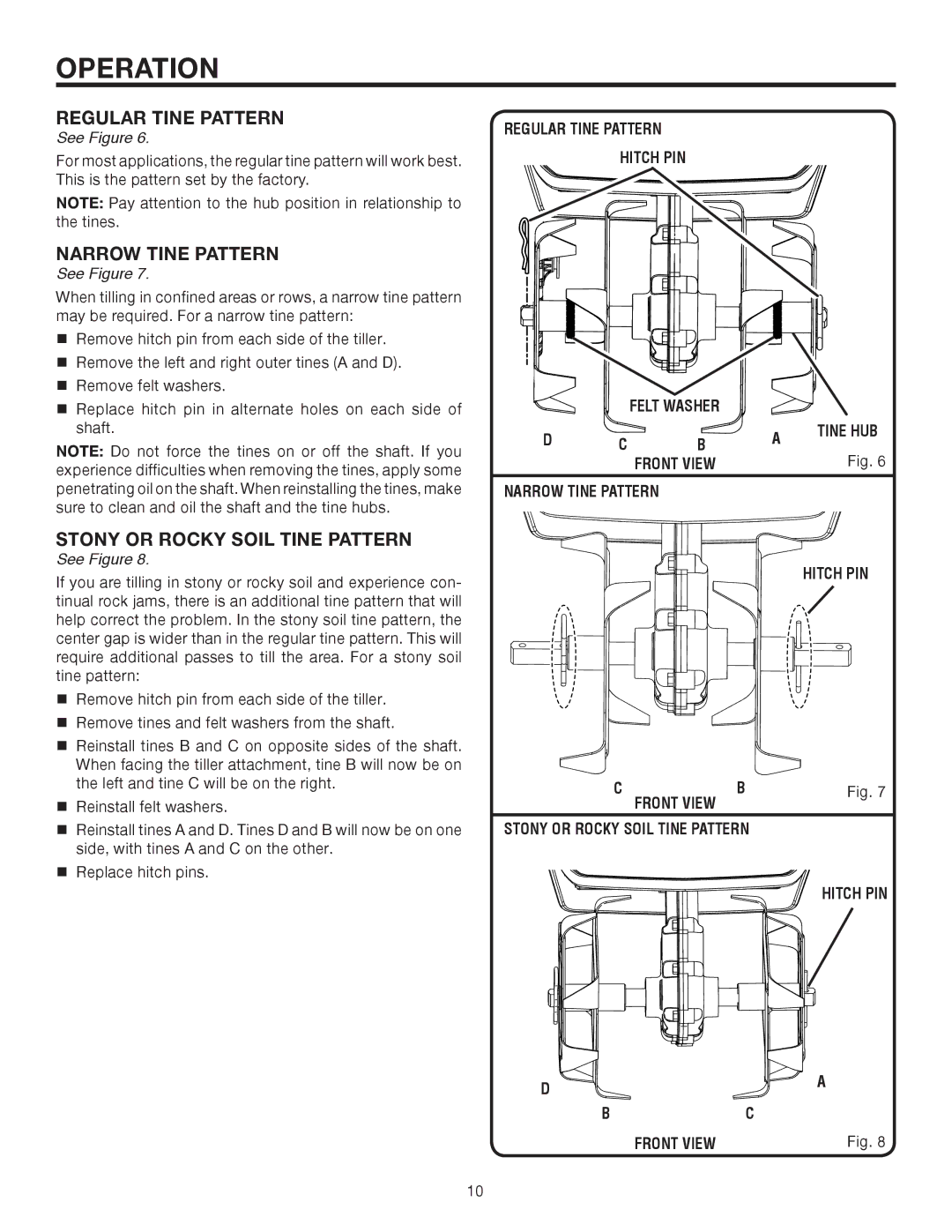 Homelite UT15550B manual Regular Tine Pattern, Narrow Tine Pattern, Stony or Rocky Soil Tine Pattern 