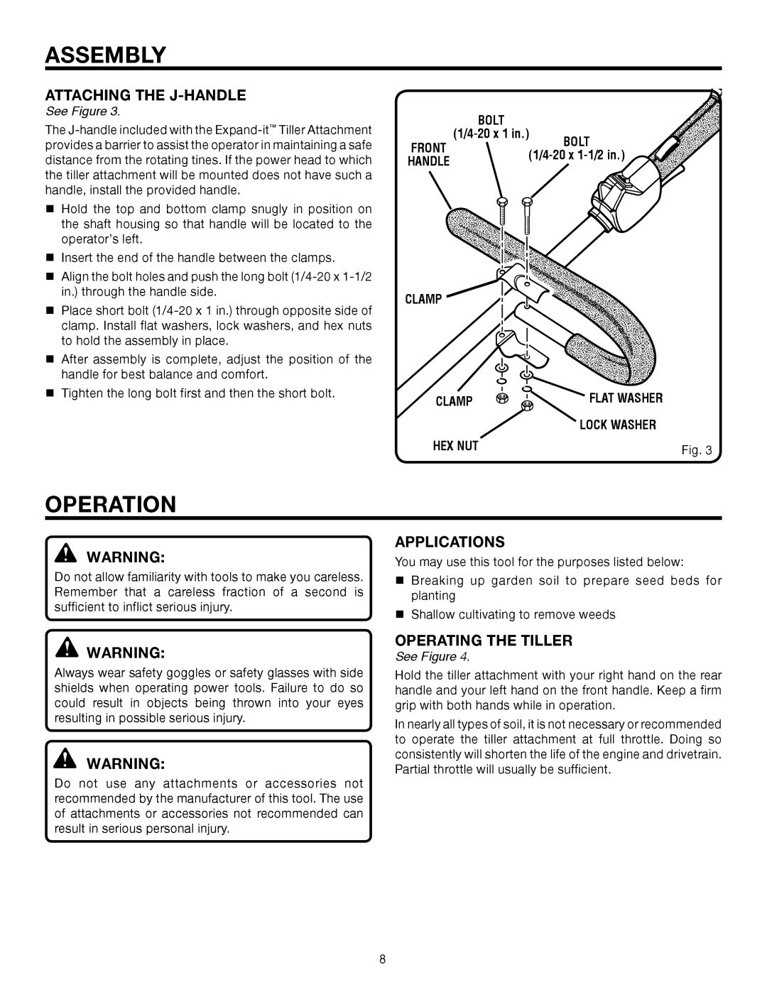 Homelite UT15550B manual Operation, Attaching the J-HANDLE, Applications, Operating the Tiller 