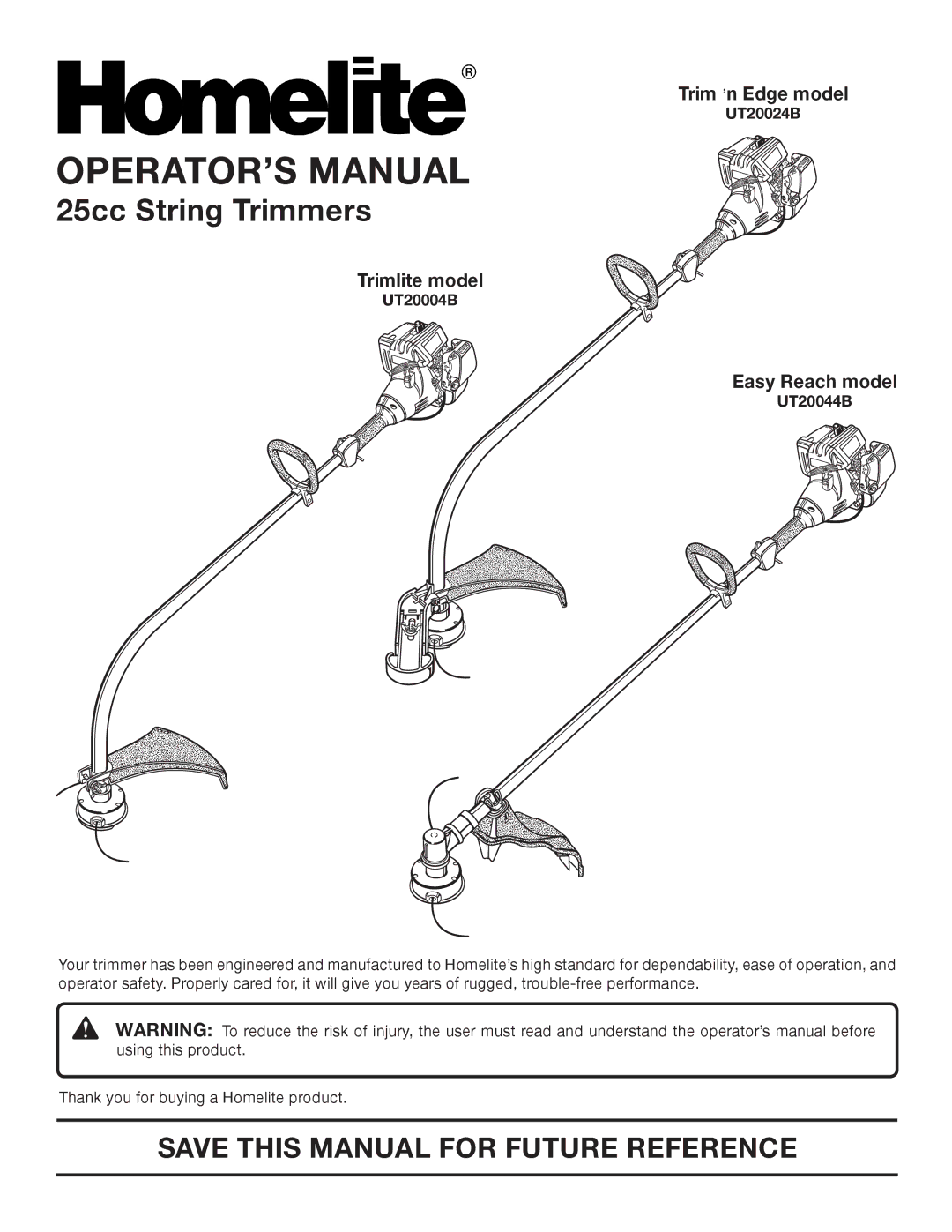 Homelite UT20024B, UT20004B manual OPERATOR’S Manual, Save this Manual for Future Reference 