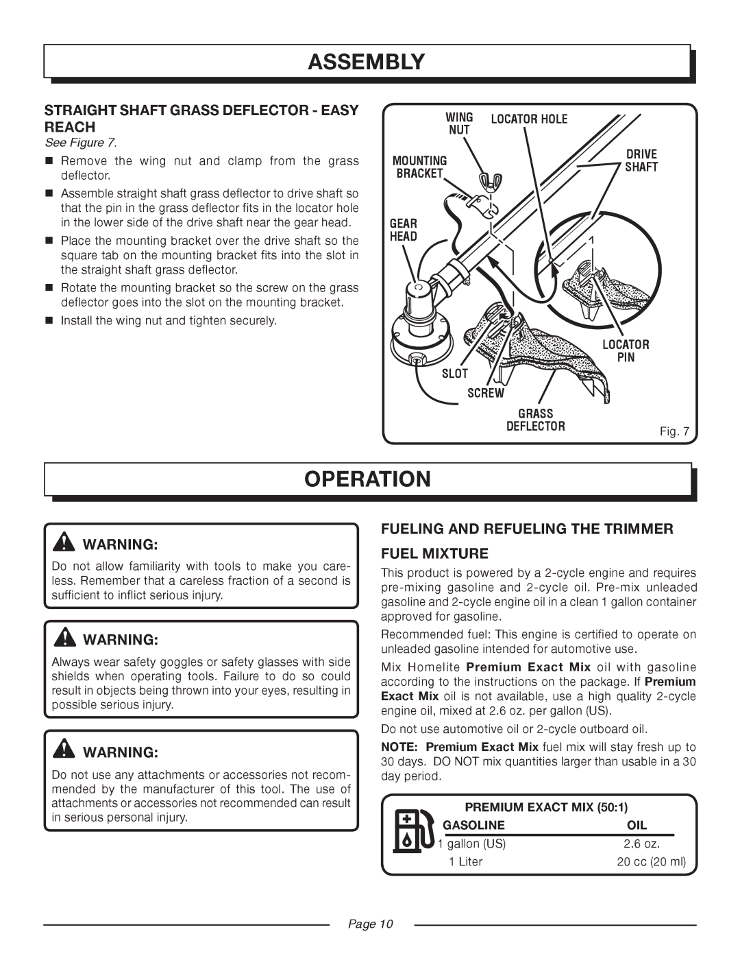 Homelite UT20004B Operation, Straight Shaft Grass Deflector Easy Reach, Fueling and Refueling the Trimmer Fuel Mixture 