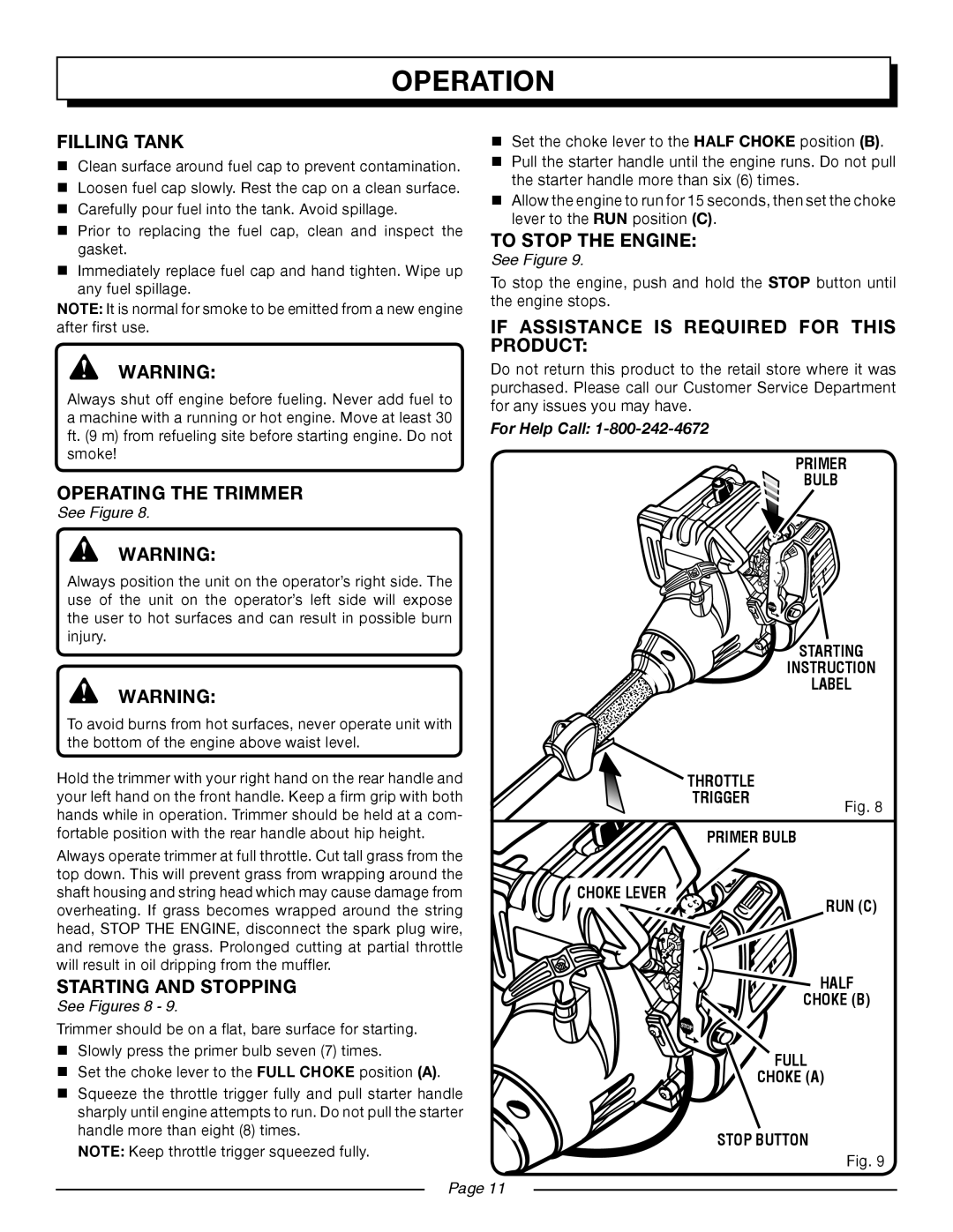 Homelite UT20024B Filling Tank, To Stop the Engine, If Assistance is Required for this Product, Operating the Trimmer 