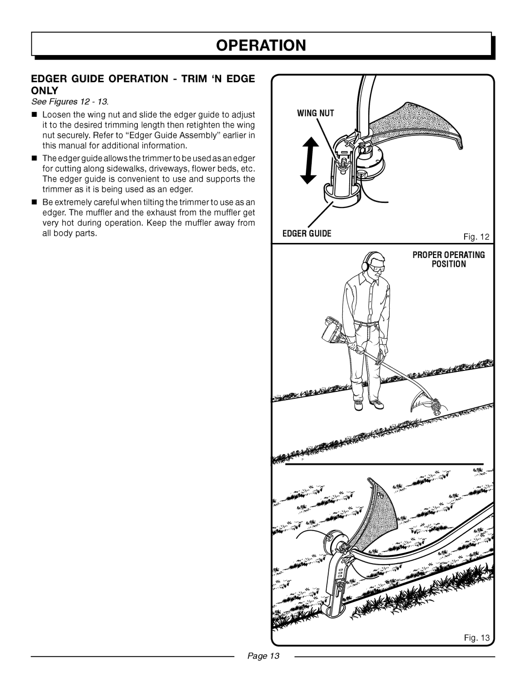 Homelite UT20024B, UT20004B manual Edger Guide Operation Trim ‘N Edge only, See Figures 12, Wing NUT Edger Guide 