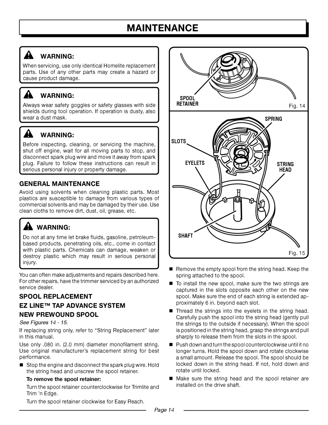 Homelite UT20004B, UT20024B manual General Maintenance, See Figures 14 