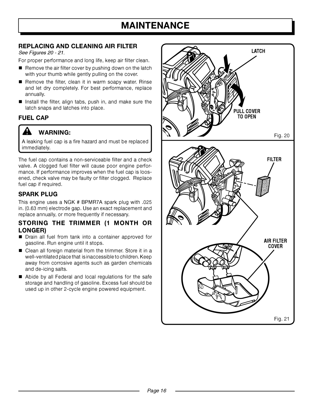 Homelite UT20004B, UT20024B Replacing and Cleaning AIR Filter, Fuel CAP, Spark Plug, Storing the Trimmer 1 Month or Longer 