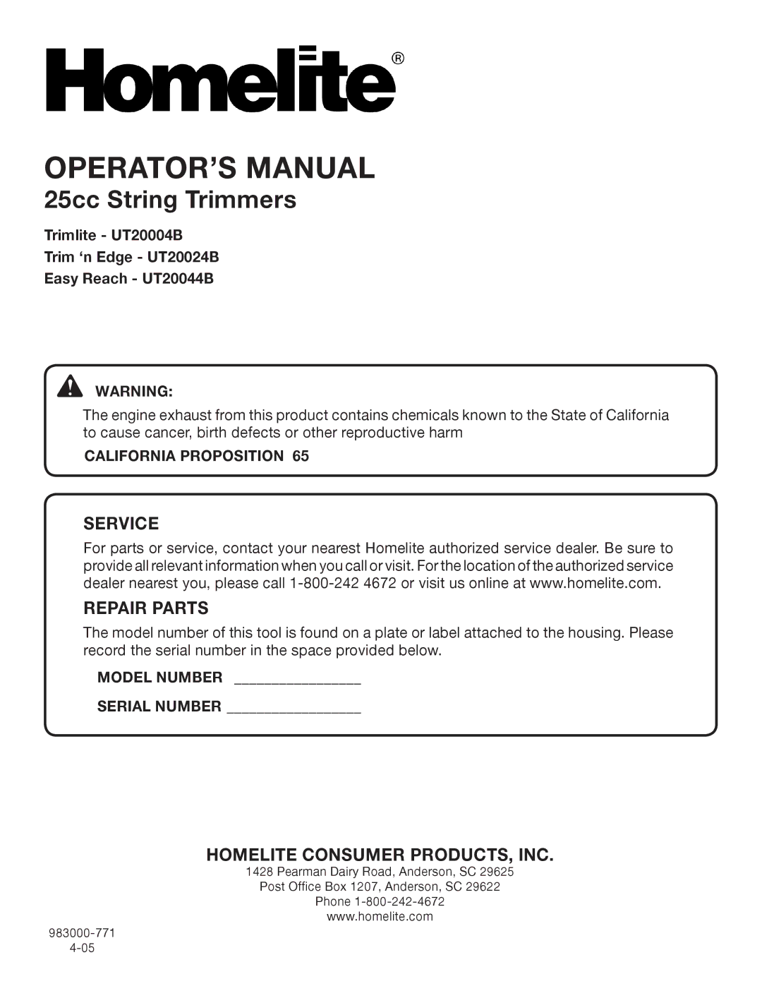 Homelite manual Trimlite UT20004B Trim ‘n Edge UT20024B Easy Reach UT20044B, California Proposition 