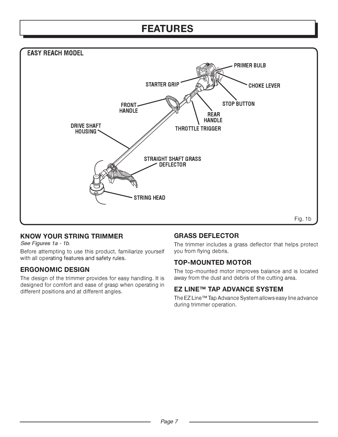 Homelite UT20024B manual Easy Reach Model, Know Your String Trimmer, Ergonomic Design, Grass Deflector, TOP-MOUNTED Motor 