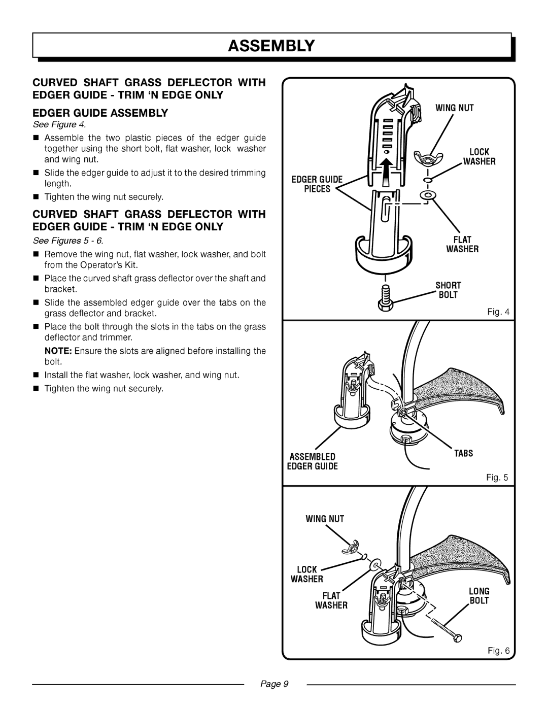 Homelite UT20024B, UT20004B manual See Figures 5, Wing NUT Lock Washer Edger Guide Pieces Flat Short Bolt 