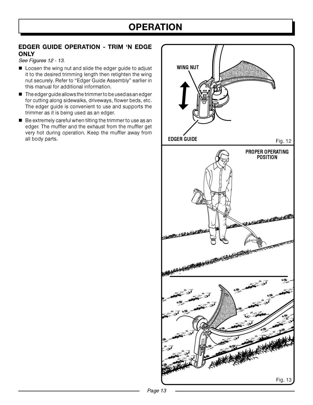 Homelite UT20024B, UT20004B manual Edger Guide Operation - Trim ‘N Edge Only, See Figures, Wing Nut, Page 