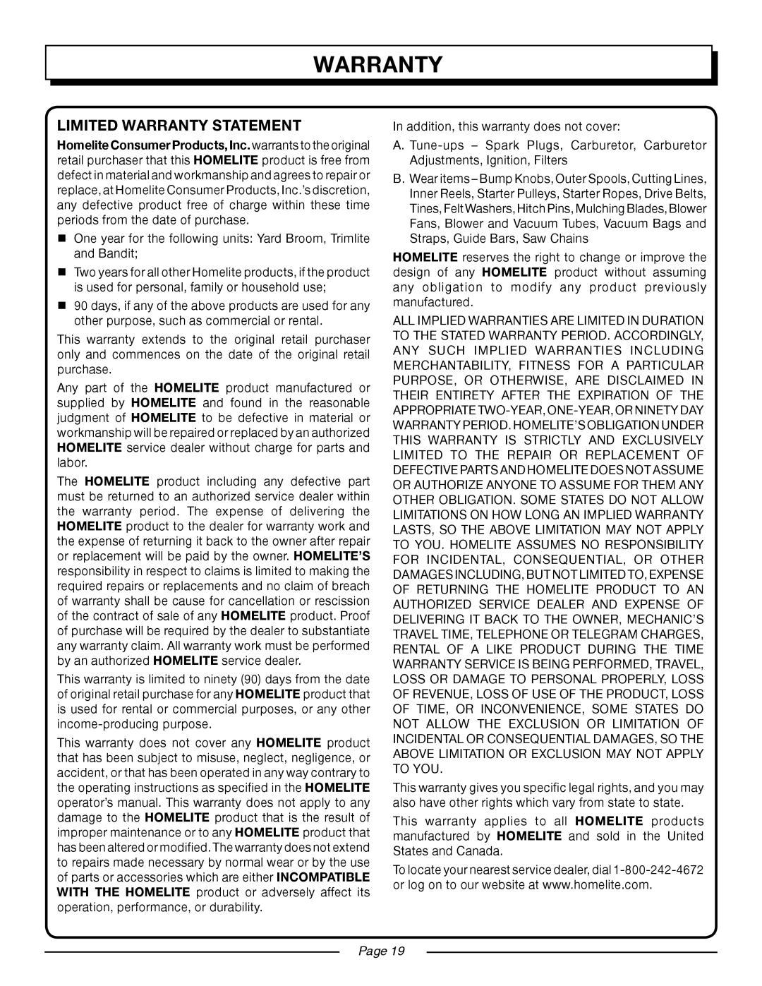 Homelite UT20024B, UT20004B manual Limited Warranty Statement, Page 