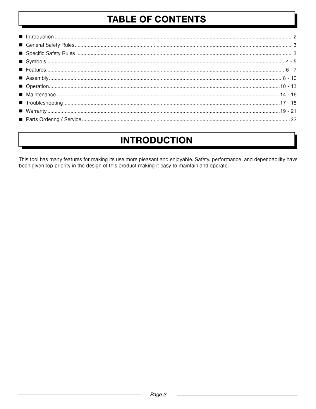 Homelite UT20004B, UT20024B manual Introduction, Table Of Contents, Page 