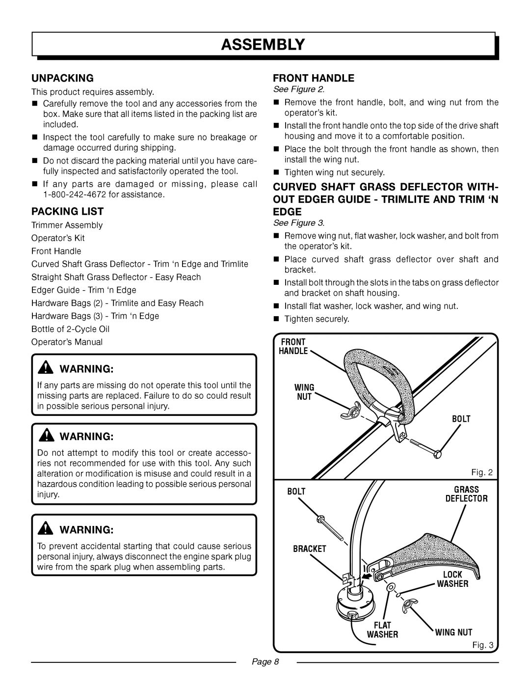 Homelite UT20004B, UT20024B Assembly, Unpacking, Packing List, See Figure, Front Handle Wing Nut Bolt, Bracket, Page 