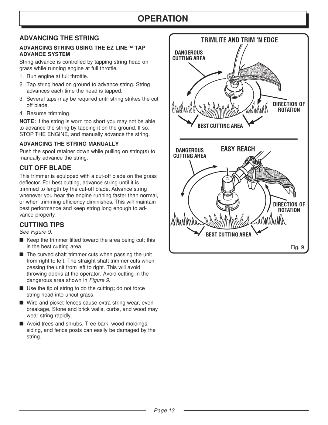 Homelite UT20003A, UT20043A, UT20042A, UT20022A, UT20002 manual Operation, Advancing the String, CUT OFF Blade, Cutting Tips 