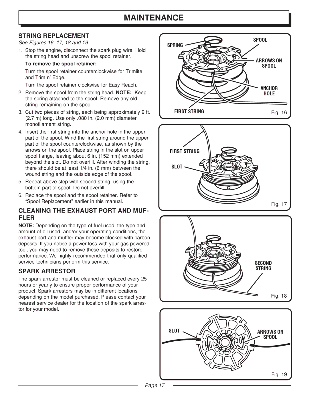 Homelite UT20002 manual String Replacement, Cleaning the Exhaust Port and MUF- Fler Spark Arrestor, See Figures 16, 17, 18 