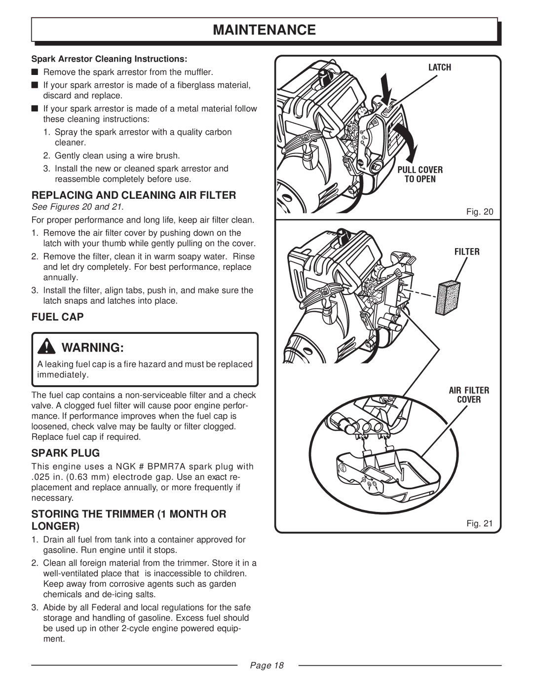 Homelite UT20002A, UT20043 Replacing and Cleaning AIR Filter, Fuel CAP, Spark Plug, Storing the Trimmer 1 Month or Longer 