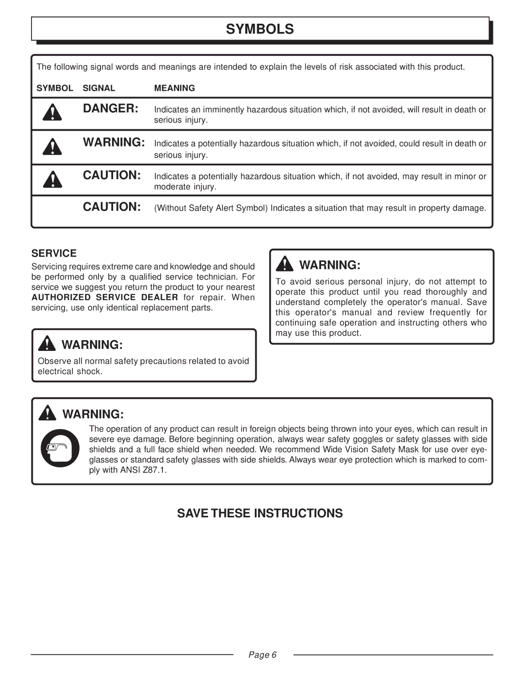 Homelite UT20002A, UT20003A, UT20043A, UT20042A, UT20022A, UT20023A manual Service, Symbol Signal Meaning 