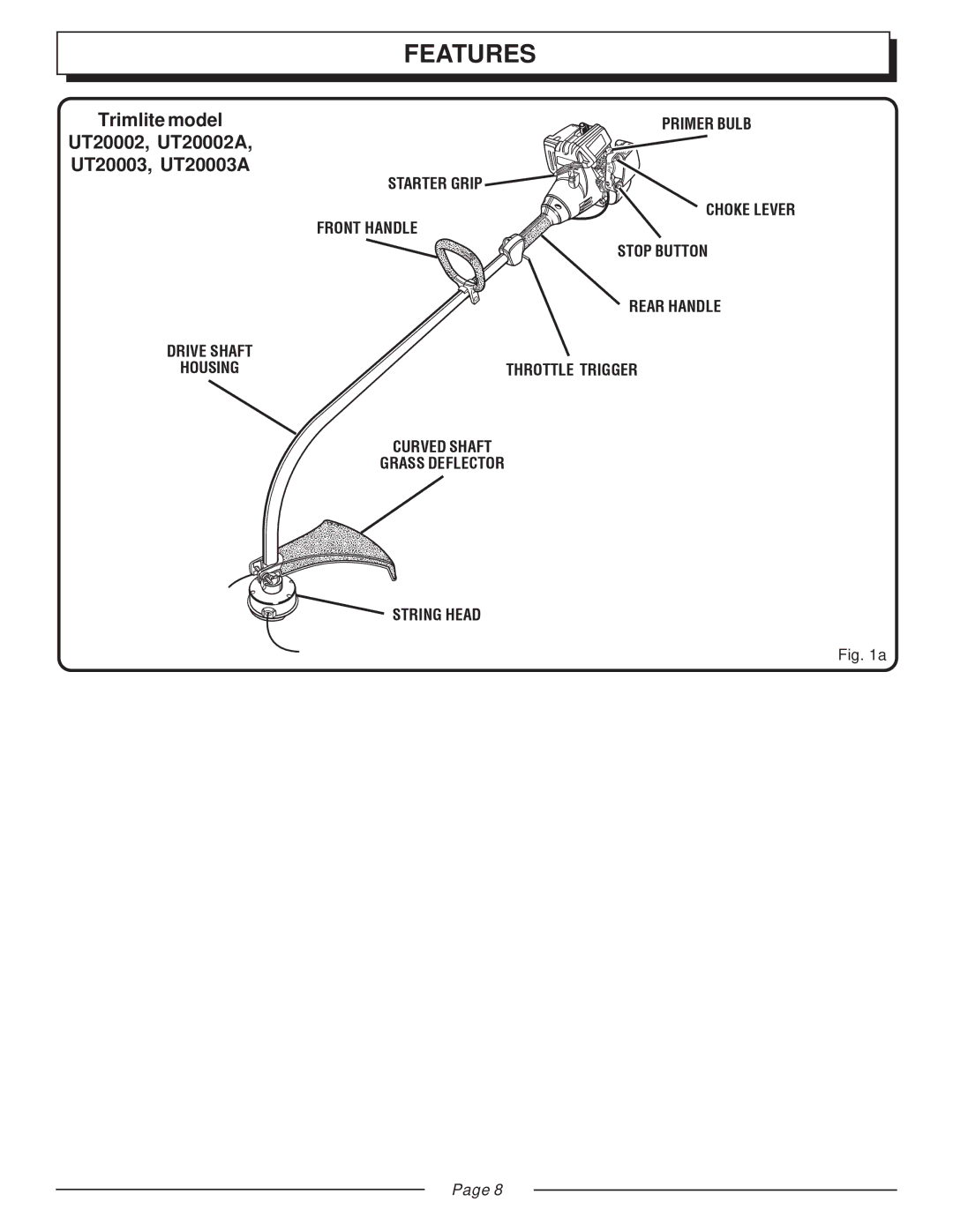 Homelite UT20023A, UT20043A, UT20042A, UT20022A manual Features, Trimlite model UT20002, UT20002A, UT20003, UT20003A 