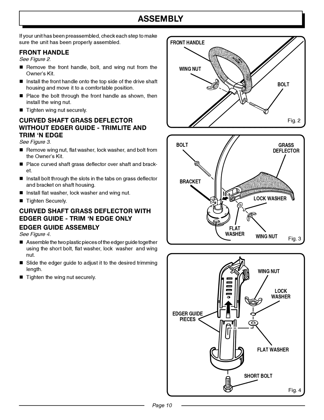 Homelite UT20004, UT20044, UT20045, UT20024, UT20025, UT20005 manual Assembly, Front Handle, See Figure 