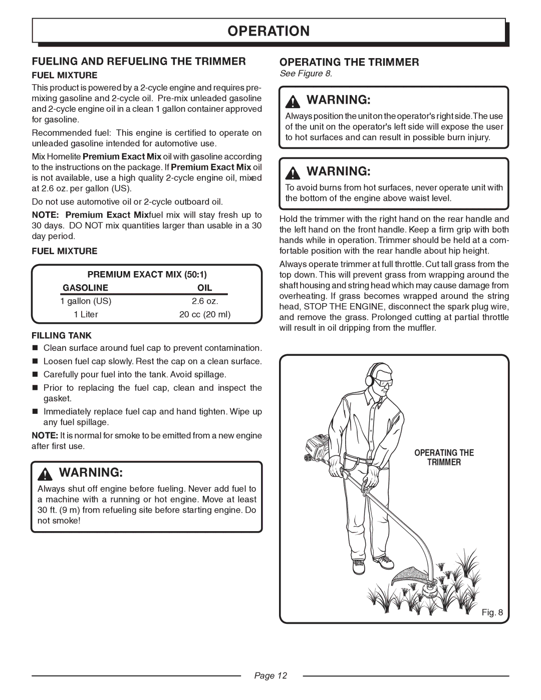 Homelite UT20044, UT20045, UT20024, UT20025, UT20004 manual Operation, Fueling and Refueling the Trimmer, Operating the Trimmer 