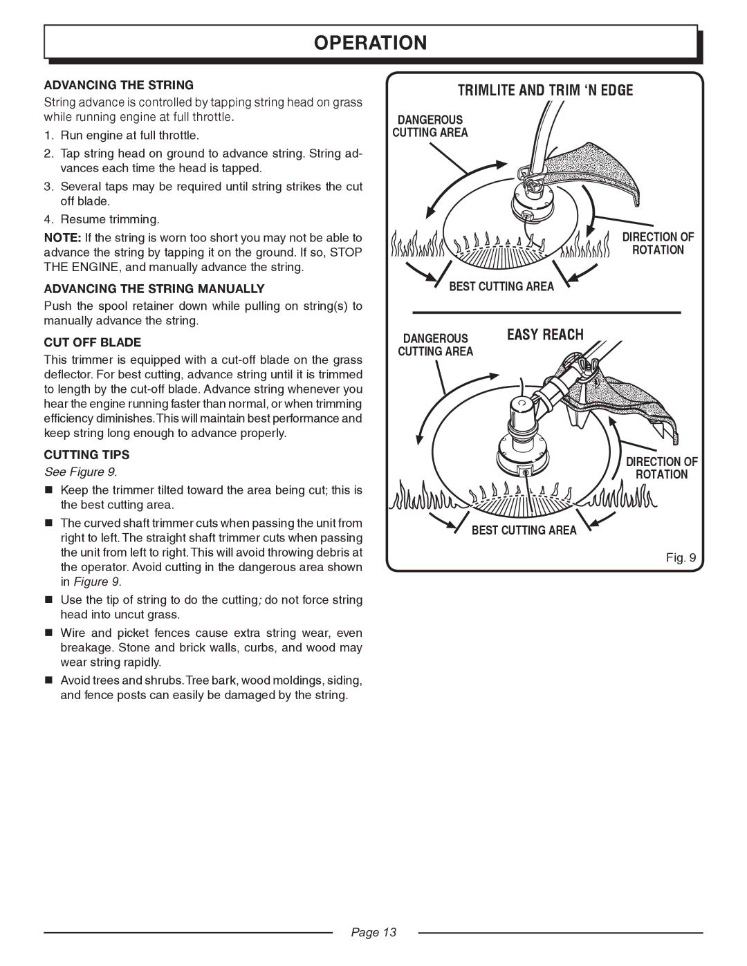 Homelite UT20045, UT20044 manual Trimlite and Trim ‘N Edge, Advancing the String Manually, CUT OFF Blade, Cutting Tips 