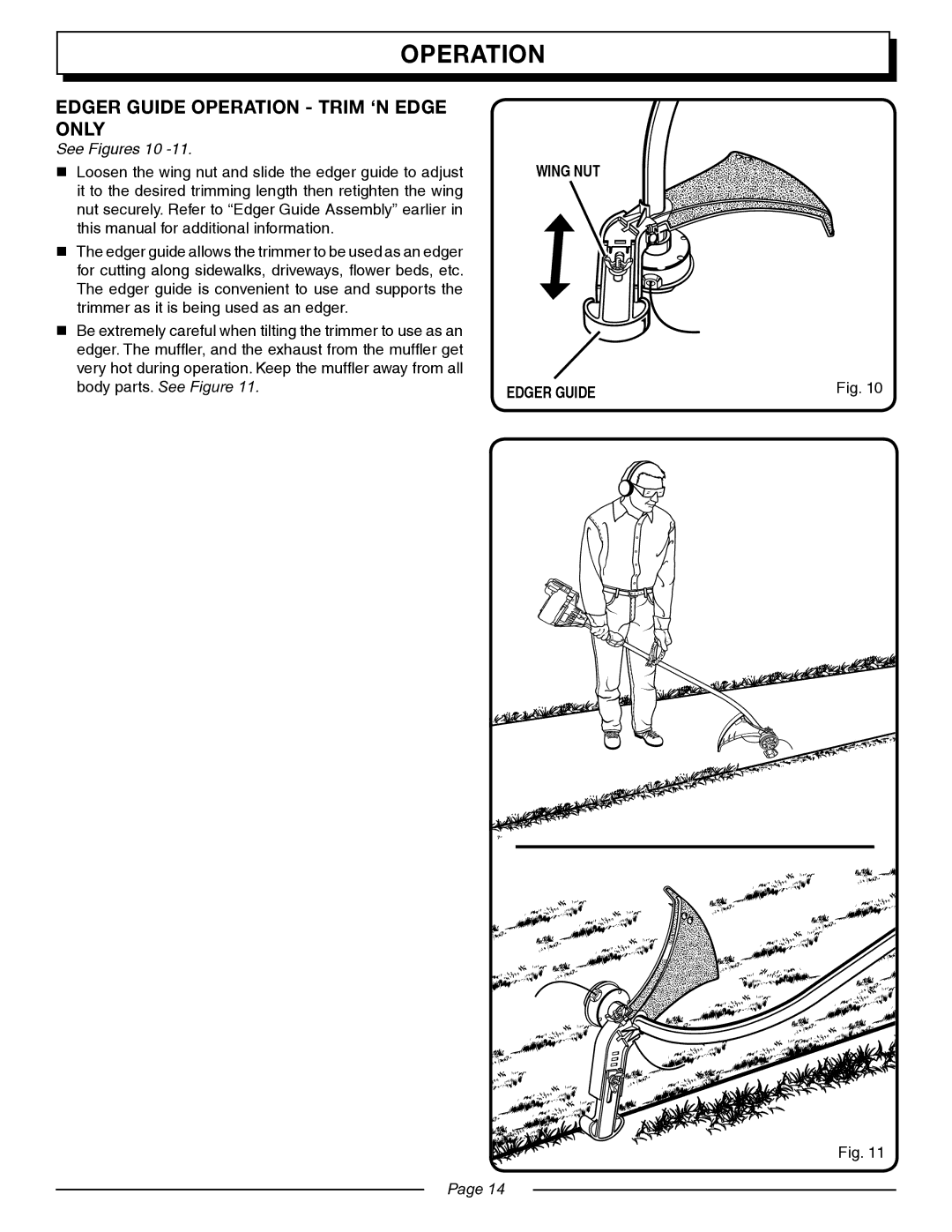 Homelite UT20024, UT20044, UT20045, UT20025, UT20004, UT20005 manual Edger Guide Operation Trim ‘N Edge only, See Figures 10 