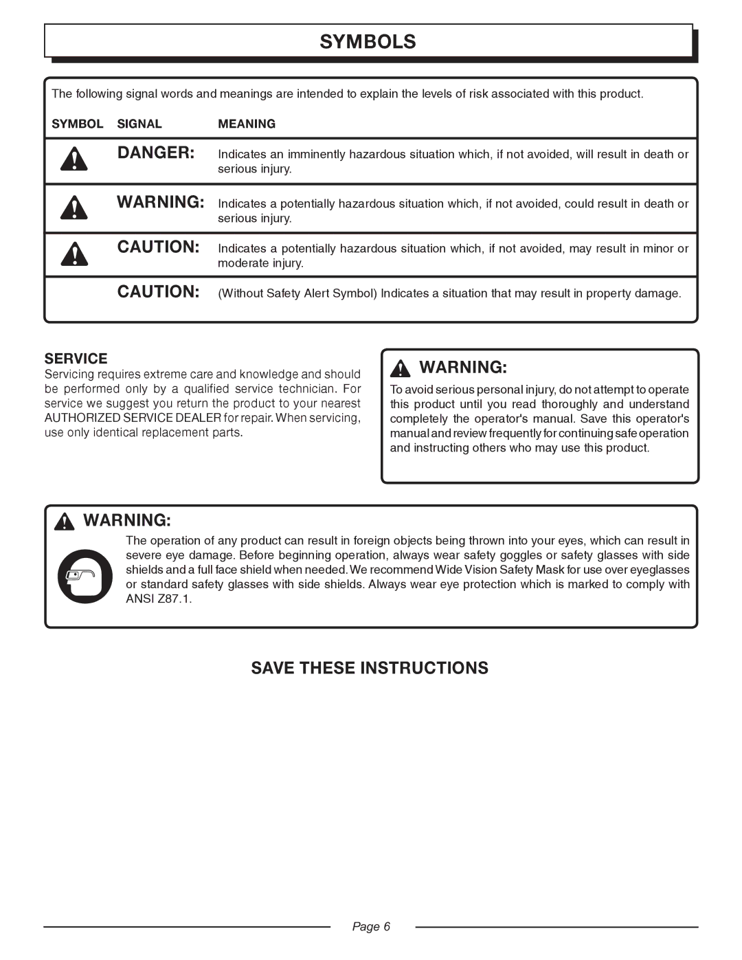 Homelite UT20044, UT20045, UT20024, UT20025, UT20004, UT20005 manual Service, Symbol Signal Meaning 