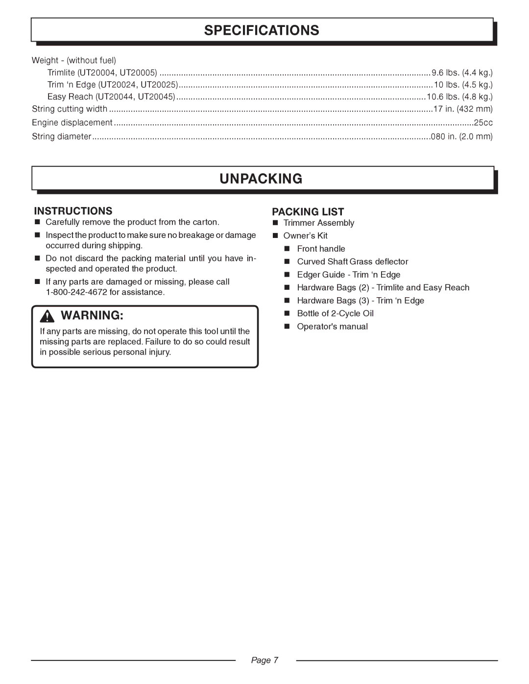 Homelite UT20045, UT20044, UT20024, UT20025, UT20004, UT20005 manual Specifications, Unpacking, Instructions, Packing List 