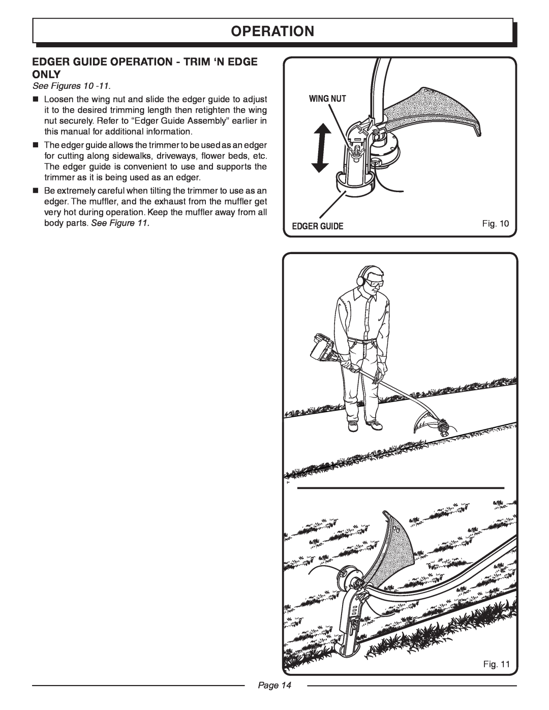 Homelite UT20024, UT20044, UT20045 manual Edger Guide Operation - Trim ‘N Edge Only, See Figures, Wing Nut Edger Guide, Page 