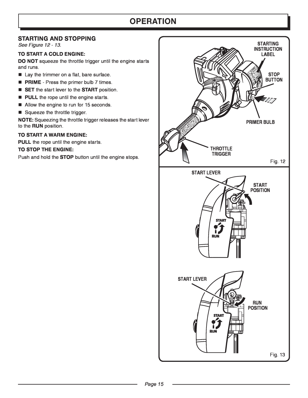 Homelite UT20025, UT20044 Starting And Stopping, Operation, See Figure, To Start A Cold Engine, To Stop The Engine, Page 