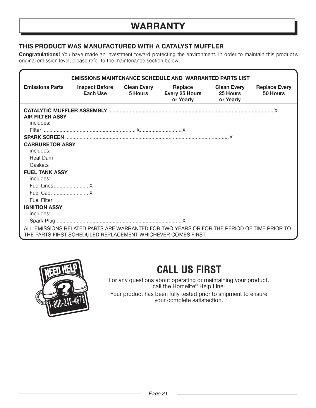 Homelite UT20024A, UT20044A manual This Product WAS Manufactured with a Catalyst Muffler 