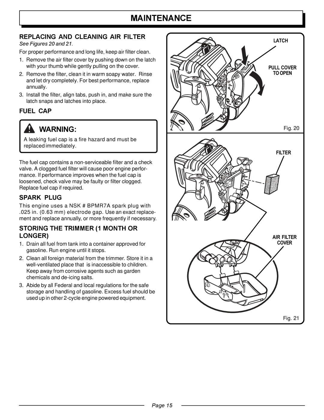 Homelite UT20763 manual Replacing and Cleaning AIR Filter, Fuel CAP, Spark Plug, Storing the Trimmer 1 Month or Longer 