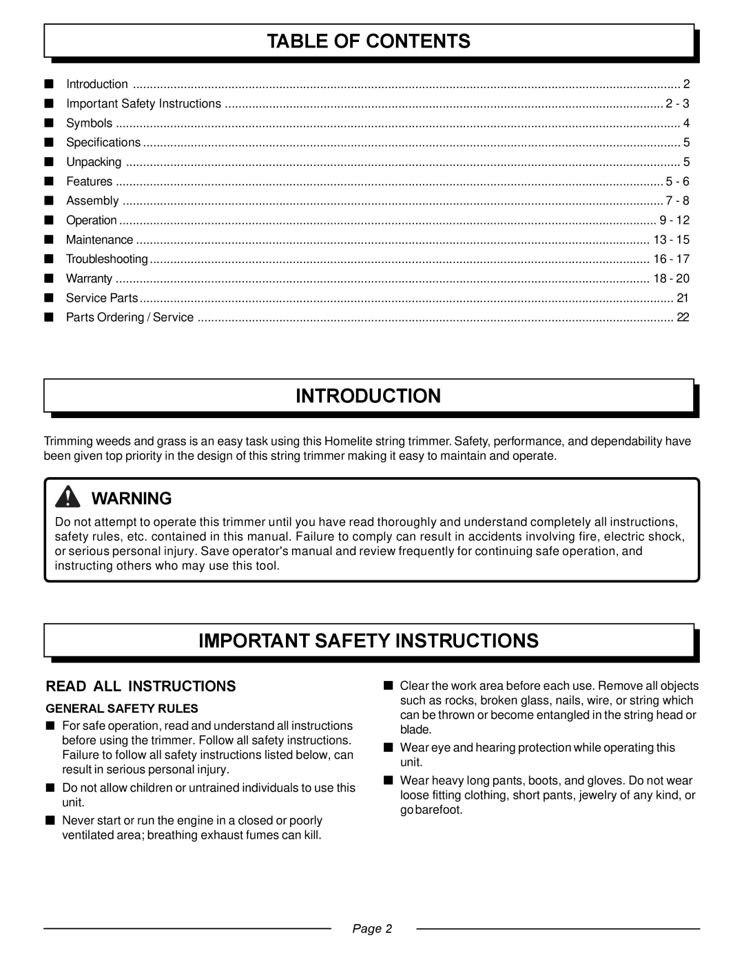 Homelite UT20763 manual Table of Contents, Introduction, Important Safety Instructions 